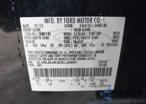 2013 Lincoln Mkx z USA, uszkodzony, nr VIN 2LMDJ6JK3DBL28681